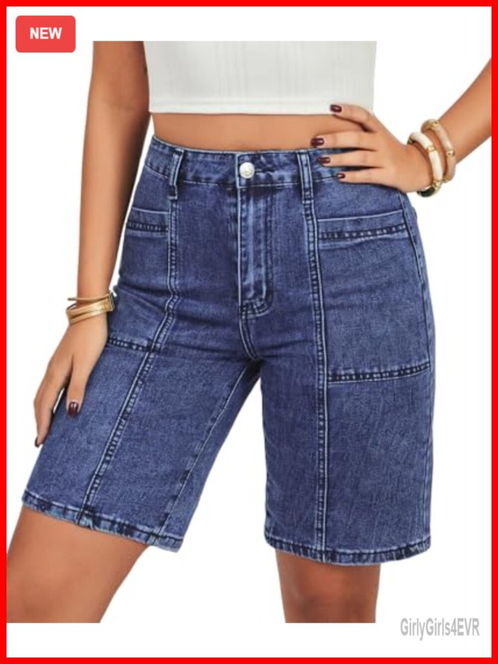 High Waisted Stretch Denim Bermuda Shorts for Women Casual Summer with Pockets